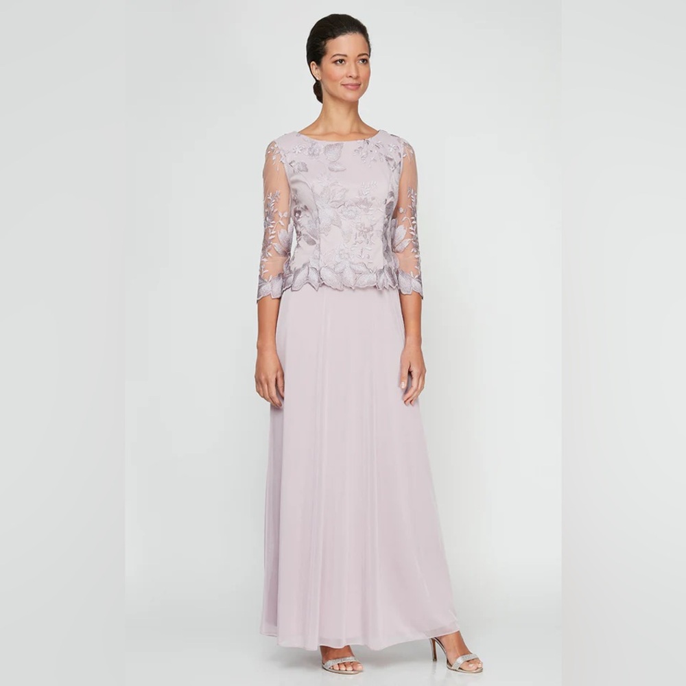 Alex Evenings Elegant Lace-Overlay Evening Dress in Soft Lilac 10P NWT